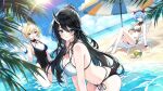  3girls absurdres beach bikini black_bikini black_hair black_one-piece_swimsuit blonde_hair blue_eyes blue_hair blush breasts cleavage coconut colphne_(girls'_frontline_2) commentary_request girls'_frontline girls'_frontline_2:_exilium groza_(girls'_frontline_2) hair_between_eyes hat highres horns large_breasts long_hair looking_at_viewer medium_hair multicolored_bikini multiple_girls one-piece_swimsuit open_mouth ots-14_(girls'_frontline) outdoors phaetusa_(girls'_frontline_2) red_eyes red_ribbon ribbon sangvis_ferri single_horn smile swimsuit twintails two-tone_bikini user_scfv7482 white_bikini 