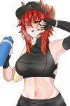  1girl black_gloves black_hat black_shirt blush breasts commentary crop_top cup dragon_girl dragon_horns fingerless_gloves gloves hat highres holding holding_cup horn_piercing horns horns_through_headwear hrk_itoshi large_breasts looking_at_viewer midriff navel open_mouth pants red_hair shirt short_hair sleeveless sleeveless_shirt solo sweat toned toned_female towel virtual_youtuber vshojo white_background workout_clothes yellow_eyes yoga_pants zentreya zentreya_(dragon) zentreya_(dragon)_(workout) 