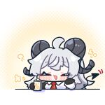  1girl ahoge black_gloves black_horns blush chibi chibi_only closed_eyes collared_shirt commentary_request curled_horns demon_tail gloves highres holding horns long_hair mole mole_under_eye necktie open_mouth red_necktie shirt smile solo squeans syurikenmaru tail white_hair white_shirt wuthering_waves zani_(wuthering_waves) 