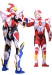  2boys a_(c3einycggcevevf) absurdres acceptor armor denkou_choujin_gridman giant glowing glowing_eyes gridman_(character) gridman_(denkou_choujin) gridman_universe gridman_universe_(movie) gridman_universe_fighter hand_grab highres holding_hands looking_at_another multicolored_armor multiple_boys no_humans shoulder_armor silver_armor simple_background standing tokusatsu white_background yellow_eyes 