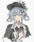  1girl bird_hat_ornament black_bow black_bowtie black_capelet black_hat blue_hair blue_necktie bow bowtie braid braided_hair_rings capelet closed_mouth collared_shirt commentary_request deerstalker grey_vest hair_bow hair_rings hat hat_bow highres long_sleeves looking_at_viewer mahou_shoujo_no_majo_saiban necktie pi1ne2 shirt short_hair simple_background smile solo tachibana_sherry upper_body vest white_background white_shirt yellow_eyes 
