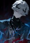  1boy ardashir_(arknights) arknights arknights:_endfield bags_under_eyes bishounen black_horns black_sweater bleeding blood blood_on_clothes blue_jacket chinese_commentary commentary_request earclip grey_eyes grey_hair hair_between_eyes half-closed_eyes highres horns injury jacket lapels male_focus notched_lapels pointy_ears short_hair snake_boy solo sweater turtleneck turtleneck_sweater upper_body xuanfananchun 