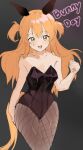  1girl :d animal_ears bare_shoulders black_leotard blush breasts bunny_day cleavage collarbone commentary cowboy_shot ear_covers fishnet_pantyhose fishnets grey_background hand_on_own_hip highres horse_ears horse_girl horse_tail leotard long_hair looking_at_viewer mayano_top_gun_(umamusume) open_mouth orange_eyes orange_hair orange_tail pantyhose playboy_bunny ppingjjyu_(u3pri) small_breasts smile solo standing strapless strapless_leotard tail two_side_up umamusume untranslatable_commentary 