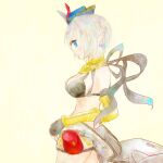  1girl armor bicorne bikini bikini_top_only black_bikini black_gloves blue_eyes blue_hat breasts cleavage commentary_request cowboy_shot dormir_(challco) elbow_gloves fingerless_gloves from_side gloves grey_hair grey_jumpsuit hat jumpsuit jumpsuit_around_waist mechanic_(ragnarok_online) medium_breasts open_mouth pointy_ears ragnarok_online short_hair simple_background solo swimsuit vambraces yellow_armor yellow_background 