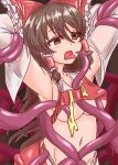  1girl absurdres armpits arms_up ascot blush bow breasts brown_background brown_eyes brown_hair clothes_lift commentary_request detached_sleeves frilled_bow frilled_hair_tubes frills fundoshi grabbed_by_tentacles hair_bow hair_tubes hakurei_reimu highres japanese_clothes long_hair medium_breasts navel no_bra red_bow red_skirt restrained ron_samu_jouji shirt_lift skirt skirt_set stomach tentacles tongue tongue_out torn_clothes touhou undone_ascot variant_set very_long_hair yellow_ascot 