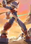  1boy armor canon_event commentary_request energy_sword helmet highres holding holding_sword holding_weapon mega_man_(series) mega_man_zero_(series) mega_man_zero_2 omochi_(mochi_skymega) red_armor red_helmet sketch solo_focus standing sword weapon z_saber zero(z)_(mega_man) zero_(mega_man) 