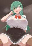  1girl absurdres alternate_breast_size_(larger) bow bowtie breasts brown_skirt brown_thighhighs collared_shirt commentary_request frilled_skirt frills green_eyes green_hair hair_between_eyes highres huge_breasts kantai_collection long_hair miniskirt one_eye_closed pleated_skirt red_bow red_bowtie shirt short_sleeves skirt solo spread_legs sumiboshi_(zatsuha) suzuya_(kancolle) suzuya_kai_ni_(kancolle) thick_thighs thighhighs thighs very_long_hair white_shirt 