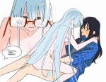  2girls absurdres bespectacled black_hair blush chinese_text cho_kaguya-hime! clothed_female_nude_female glasses green_eyes grey_hair highres implied_fingering long_hair mole mole_under_eye multicolored_hair multiple_girls nude parted_lips pink_hair plaid_clothes red-framed_eyewear runami_yachiyo sakayori_iroha semi-rimless_eyewear sitting sitting_on_lap sitting_on_person sleepdeadme speech_bubble sweat thought_bubble translation_request two-tone_hair under-rim_eyewear very_long_hair yuri 