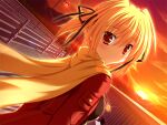  1girl black_ribbon blonde_hair breasts brown_shirt buttons chair clover_point dutch_angle evening expressionless floating_scarf from_behind game_asset jacket jewelry lamppost long_scarf long_sleeves looking_at_viewer looking_back mountain multiple_hair_ribbons non-web_source official_art open_clothes open_jacket outdoors parted_lips pendant post_and_rail_fence red_eyes red_jacket ribbon road scarf self-datamine shirt short_twintails sky small_breasts solo street striped_clothes striped_shirt sunset takanashi_yaya twintails yellow_scarf yuyi 