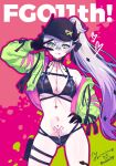  1girl bare_shoulders baseball_cap bikini black_bikini black_hands black_hat blush body_markings breasts character_name choker cleavage colored_extremities commentary crossed_bangs demon_girl demon_horns fate/grand_order fate_(series) green_eyes green_jacket grey_hair hair_between_eyes hat high_ponytail highres horns jacket lilith_(fate) lilith_(swimsuit_rider)_(first_ascension)_(fate) long_hair long_sleeves looking_at_viewer medium_breasts multicolored_jacket navel off_shoulder pink_jacket ponytail solo stomach_tattoo swimsuit tattoo thigh_strap thighs tongue tongue_out two-tone_jacket v yamuimo zipper_bikini 