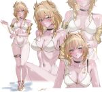  1girl absurdres aglaea_(honkai:_star_rail) armlet bikini blonde_hair blush bracelet breasts cleavage collarbone commentary_request full_body gold_armlet gold_bracelet gold_trim green_eyes hand_on_own_arm high_heels highres honkai:_star_rail honkai_(series) jewelry laurel_crown miya-chan_(lightning0730) multiple_views sweat swimsuit thigh_strap watermark wet 