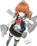  1girl absurdres ahoge arashi_(kancolle) ascot bigkwl black_skirt black_vest buttons collared_shirt commentary crossed_bangs dated dated_commentary feet_out_of_frame gloves grey_eyes grey_thighhighs grin hair_between_eyes hair_intakes highres kantai_collection long_hair looking_at_viewer miniskirt one-hour_drawing_challenge open_clothes open_vest orange_hair pleated_skirt red_ascot rigging shirt short_sleeves sidelocks simple_background skirt smile solo standing thighhighs twitter_username v-shaped_eyebrows vest white_background white_gloves white_shirt zettai_ryouiki 