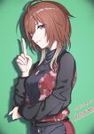  1girl absurdres aketa_mikoto blonde_hair breasts brown_eyes brown_hair commentary_request cowboy_shot gradient_hair green_hair half-closed_eyes happy_birthday highres idolmaster idolmaster_shiny_colors index_finger_raised jacket jewelry large_breasts long_sleeves looking_at_viewer multicolored_hair necklace open_mouth shignonpencil shirt simple_background smile solo sweater turtleneck turtleneck_sweater 