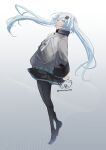  1girl aqua_eyes aqua_hair bandaid bandaid_on_leg batsu_miku black_boots black_pantyhose boots commentary floating floating_hair full_body grey_jacket hair_between_eyes hair_ornament hatsune_miku highres jacket kowareta_sekai_to_utaenai_miku long_hair long_sleeves looking_at_viewer looking_back necosiro299 official_alternate_costume official_alternate_hairstyle pantyhose parted_lips project_sekai sleeves_past_wrists solo turtleneck turtleneck_jacket twintails very_long_hair vocaloid wide_sleeves x_hair_ornament 