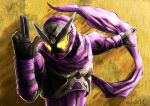  1boy armor black_bodysuit black_gloves bodysuit breastplate commentary_request gloves glowing glowing_eyes helmet kamen_rider kamen_rider_shinobi kamen_rider_zi-o_(series) kuji-in mayamaxxxx ninja purple_armor purple_helmet purple_scarf scarf shuriken solo tokusatsu twitter_username weapon yellow_eyes 