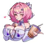  1girl breasts breasts_squeezed_together bubble_tea cleavage commentary_request drink drinking_straw drinking_straw_in_mouth eyeliner hair_ornament heart heart-shaped_pupils highres holding holding_drink itotsic large_breasts makeup one_eye_closed pink_hair remielle_dan simple_background star_(symbol) star_hair_ornament symbol-shaped_pupils tassel upper_body watermark zenless_zone_zero 