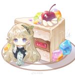  1girl absurdres beryl_bouanich black_cloak blue_eyes blue_gem cake cake_slice cherry chibi cloak crescent crescent_earrings crystal_earrings dragonfly_hair_ornament dress earrings floating_earrings food fruit full_body gem green_gem grey_hair hand_up highres jewelry long_dress long_hair looking_at_viewer mismatched_earrings ning_mengmeng oversized_food oversized_object pink_gem plate reverse:1999 smile solo standing very_long_hair watermark weibo_watermark white_background white_dress yellow_gem 
