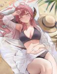  1girl ai-assisted amiki_yuzuru arm_up armpits aru_(blue_archive) bikini black_bikini blue_archive blush breasts cleavage commentary day halo hat highres horns long_hair long_sleeves looking_at_viewer lying navel off_shoulder on_back outdoors parted_lips red_hair red_halo seashell shell shirt single_bare_shoulder solo stomach swimsuit thighs unworn_hat unworn_headwear white_shirt yellow_eyes 