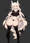  1girl bad_id bad_twitter_id black_choker black_panties black_shirt black_tail black_thighhighs blush breasts choker commentary crop_top cup demon_girl demon_horns demon_tail drink earrings english_commentary grey_background hairband hand_on_own_hip helltaker highres holding holding_cup horns jewelry large_breasts long_hair looking_at_viewer lucifer_(helltaker) midriff mole mole_under_eye narrow_waist navel panties pointy_ears red_eyes shirt sidelocks solo spiked_hairband spikes t-shirt tail thick_thighs thighhighs thighs underwear usa37107692 very_long_hair white_hair white_horns wide_hips wristband 