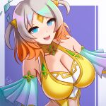  1girl :d absurdres armpit_crease armpits bare_shoulders blue_background blue_eyes breasts ciderwrath cleavage collarbone detached_sleeves dress fire_emblem fire_emblem_heroes forehead_jewel gem gradient_hair grey_hair groa_(fire_emblem) hair_ornament highres large_breasts medium_hair multicolored_hair narrow_waist open_mouth orange_hair sleeveless sleeveless_dress smile solo twintails yellow_dress 