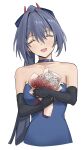  1girl :d ^_^ bare_shoulders beliora_vike black_gloves blue_choker blue_hair choker closed_eyes commentary_request cropped_torso dress elbow_gloves facing_viewer gloves hair_between_eyes hair_intakes head_tilt high_ponytail highres long_hair official_alternate_costume open_mouth ponytail smile solo strapless strapless_dress very_long_hair yatsuka_mirin zenless_zone_zero 