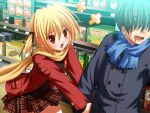  1boy 1girl black_bow black_coat blonde_hair blue_scarf bow brown_hair brown_shirt buttons clover_point coat double-breasted drooling faceless faceless_male game_asset grabbing_another's_arm groceries grocery_store hair_bow hair_over_eyes jacket jewelry leaning_forward long_scarf looking_at_another multiple_hair_bows non-web_source open_clothes open_jacket open_mouth pendant red_eyes red_jacket scarf self-datamine shelf shirt short_hair sky standing striped_clothes striped_shirt takanashi_yaya turning_head twintails v_arms yellow_scarf yuyi 