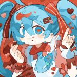  1girl alternate_costume blue_eyes blue_hair chocolate commentary_request eating hatsune_miku hatsushiro_mamimu highres long_hair looking_at_viewer solo twintails upper_body vocaloid 