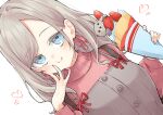  1girl :i blue_eyes blush breasts ceras_yanagida_lilienfeld ceras_yanagida_lilienfeld_(journey_with_you) closed_mouth commentary_request crepe dress dutch_angle eating food grey_dress grey_hair heart highres holding holding_crepe holding_food large_breasts long_sleeves looking_at_viewer love_live! love_live!_hasu_no_sora_jogakuin_school_idol_club mendo_(mend0o0) pinafore_dress pink_sweater simple_background sleeveless sleeveless_dress smile solo sweater upper_body virtual_youtuber white_background 