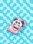  1girl :3 ahoge bikini black_bikini black_horns blue_background checkered_background chibi chibi_only closed_eyes commentary_request demon_girl demon_horns demon_tail fang grey_hair hair_between_eyes hair_ornament highres horns inflatable_raft long_hair lying mole mole_under_eye on_back open_mouth solo swimsuit syurikenmaru tail water white_hair wuthering_waves zani_(wuthering_waves) 