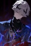  1boy ardashir_(arknights) arknights arknights:_endfield bags_under_eyes bishounen black_horns black_sweater bleeding blood blood_on_clothes blue_jacket chinese_commentary commentary_request earclip grey_eyes grey_hair hair_between_eyes half-closed_eyes highres horns injury jacket lapels male_focus notched_lapels pointy_ears short_hair snake_boy solo sweater turtleneck turtleneck_sweater upper_body xuanfananchun 