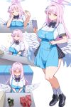  1girl angel's_24_uniform_(blue_archive) angel_wings apron black_bow black_bowtie black_shoes black_skirt blue_apron blue_archive blush bow bowtie breasts buying_condoms checkout_(shopping) commentary condom condom_box convenience_store embarrassed employee_uniform energy_drink english_commentary fanning_face fanning_self feathered_wings hair_bun halo highres holding holding_notepad holding_pen large_breasts linear_71 long_hair low_wings mika_(blue_archive) miniskirt notepad okamoto_condoms pen pink_hair pink_halo pleated_skirt shirt shoes shop short_sleeves side_up_bun single_side_bun skirt socks sparkle strap_slip striped_bow striped_bowtie striped_clothes textless_version very_long_hair white_shirt white_socks wings yellow_eyes 