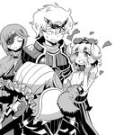  2girls armor bare_shoulders blush cape carrying character_request elbow_gloves eyepatch forehead_jewel gloves greyscale heart matsuda_yuusuke monochrome multiple_girls pauldrons princess_carry scar short_hair sweatdrop yuusha_masatoshi yuusha_to_maou 