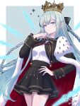  1girl black_bow black_cloak black_jacket black_skirt blue_eyes bow braid breasts cloak collared_shirt commentary cropped_jacket crown fate/grand_order fate_(series) fur-trimmed_cloak fur_trim grey_hair hair_bow highres jacket long_hair long_sleeves looking_at_viewer medium_breasts morgan_le_fay_(academy_outfit)_(fate) morgan_le_fay_(fate) neck_ribbon revision ribbon shirt sidelocks skirt solo thighs very_long_hair white_shirt yamuimo 