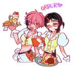  2girls alien_stage black_hair burger commentary crop_top drink english_commentary english_text food food_in_mouth french_fries glasses green_eyes highres holding holding_tray mizi_(alien_stage) multiple_girls official_alternate_costume one_eye_closed parfait pink_hair puffy_short_sleeves puffy_sleeves r0ck15n3v3rd13 red-framed_eyewear shirt short_hair short_sleeves striped_clothes striped_shirt sua_(alien_stage) tray two-tone_shirt vertical-striped_clothes vertical-striped_shirt very_short_hair waitress white_shirt yellow_shirt 