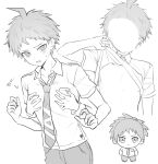  1boy 1other absurdres ahoge blush breast_pocket clothes_lift collarbone collared_shirt danganronpa_(series) danganronpa_2:_goodbye_despair greyscale highres hinata_hajime kn0309dg male_focus monochrome necktie pants pocket shirt shirt_lift short_hair solo_focus sweatdrop teeth 