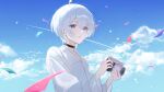  1girl absurdres black_choker blue_eyes blue_sky camera choker cloud collared_shirt commentary confetti highres holding holding_camera long_sleeves looking_at_viewer original outdoors parted_lips seina_106 shirt short_hair sky solo upper_body white_hair white_shirt 