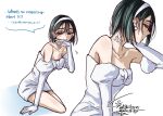  1girl alien_stage bare_shoulders bilingual_text black_hair breasts commentary_request dress earrings elbow_gloves english_text gloves hairband hand_on_own_neck hand_to_own_mouth highres jewelry jikasei mixed-language_text neck_tattoo pencil_dress purple_eyes short_dress short_hair signature sitting small_breasts solo strapless strapless_dress sua_(alien_stage) tattoo white_dress white_gloves white_hairband 