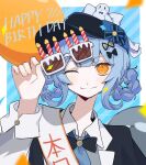  1girl ;) arki_hrzoi artist_name balloon bird_hat_ornament black_bow black_bowtie black_capelet black_hat blue_background blue_hair blue_necktie border bow bowtie braid braided_hair_rings capelet collared_shirt commentary_request dated deerstalker grey_vest hair_bow hair_rings happy_birthday hat hat_bow highres holding holding_removed_eyewear long_sleeves looking_at_viewer mahou_shoujo_no_majo_saiban necktie one_eye_closed portrait sash shirt short_hair shoulder_sash signature smile solo tachibana_sherry twitter_username unworn_eyewear vest white_border white_shirt yellow_eyes 