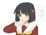  1girl black_hair blunt_bangs blunt_ends blush bob_cut breasts brown_dress closed_mouth dress flower flower_knot hair_flower hair_ornament hand_to_own_mouth hasu_no_sora_school_uniform implied_yuri long_sleeves love_live! love_live!_hasu_no_sora_jogakuin_school_idol_club momose_ginko neckerchief nogreen sailor_collar sailor_dress school_uniform short_hair simple_background solo sweatdrop translation_request upper_body virtual_youtuber white_background white_flower white_sailor_collar winter_uniform yellow_neckerchief 