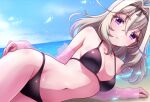  1girl bikini black_bikini blue_sky breasts cloud commentary_request cowboy_shot day grey_hair hair_intakes horizon long_hair looking_at_viewer lying meitantei_precure! moria_luluka moria_luluka_(civilian) ocean on_side outdoors precure purple_eyes ryusei2u see-through_clothes see-through_shirt shirt sky small_breasts solo swimsuit 