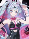  1girl ahoge alternate_breast_size_(larger) animal_ears aqua_eyes aqua_hair black_leotard blush bow breasts bunny_day cleavage collarbone commentary_request cuffs fake_animal_ears hair_ornament handcuffs hatsune_miku highres leotard long_hair looking_at_viewer medium_breasts multicolored_hair pantyhose parted_lips pink_hair playboy_bunny rabbit_ears rabbit_hole_(vocaloid) rabbit_tail red_bow red_nails red_ribbon ribbon sakusakupenpen smile solo tail teeth very_long_hair vocaloid watermark wrist_ribbon 