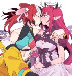  3girls abs animal_ear_fluff animal_ears black_streaks blue_eyes blue_shirt blush candy commentary_request dress earrings food french_kiss hakos_baelz hakos_baelz_(chaotic_powerful_rat) halo hand_on_another's_shoulder highres holding holding_candy holding_food holding_lollipop holding_pacifier hololive hololive_dreams hololive_english horns irys_(hololive) irys_(nephilim_sonority)_(hololive) jacket jewelry kiss koseki_bijou lollipop long_pointy_ears mouse_ears mouse_girl multicolored_hair multiple_girls off_shoulder official_alternate_costume pacifier pointy_ears ramphastostella red_hair shirt simple_background streaked_hair sweat toned toned_female virtual_youtuber white_background white_dress white_streaks yellow_jacket yuri 