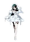 1girl alien_stage bandana black_hair commentary dress elbow_gloves exposed_bone full_body gloves headset highres juewang_de_hu_bi long_hair microphone purple_eyes shoes simple_background solo strapless strapless_dress sua_(alien_stage) sua_(zombie_stage) tachi-e untranslatable_commentary very_long_hair waving white_background white_bandana white_dress white_gloves white_shoes zombie_stage 
