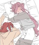  2girls blush bocchi_the_rock! clenched_hand clothes_pull commentary_request dayama ear_blush female_masturbation female_pubic_hair fingering fluffy_hair from_side full-face_blush gotoh_hitori hair_between_eyes hair_over_eyes hand_grab highres hood hoodie jacket kita_ikuyo long_hair looking_at_another lying masturbation messy_hair multiple_girls on_bed on_side on_stomach pants pants_pull partially_colored partially_undressed pink_hair pubic_hair red_hair sidelocks sweat track_jacket track_pants track_suit unfinished yuri 
