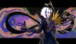  2boys abstract_background amphoreus_(honkai:_star_rail) antenna_hair armor artist_name black_boots black_border black_bridal_gauntlets black_cape black_gloves black_pants black_shirt blue_cape boots border bridal_gauntlets cape coat commentary cowboy_shot cracked_skin dawnmaker_(honkai:_star_rail) dual_persona english_commentary faceless faceless_male facing_away fingerless_gloves floating_cape from_behind from_side full_body gauntlets glitch gloves grey_hair halo halo_behind_head hand_up highres holding holding_sword holding_weapon honkai:_star_rail honkai_(series) infinity_symbol long_sleeves male_focus mini_person miniboy multiple_boys outside_border pale_skin pants pauldrons phainon_(honkai:_star_rail) phainon_(khaslana)_(honkai:_star_rail) shirt short_hair shoulder_armor shoulder_spikes single_gauntlet single_pauldron skirtsan spikes standing sword two-sided_cape two-sided_fabric waist_cape weapon white_coat white_hair yellow_cape yellow_halo 