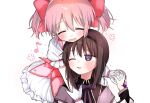  2girls :d ;d akemi_homura akemi_homura_(magical_girl) black_hair black_hairband blush bow bowtie bubble_skirt capelet closed_eyes commentary dress dress_bow frilled_skirt frilled_sleeves frills gloves hair_between_eyes hair_bow hairband hanabi_(yuruneko0624) highres holding_hands kaname_madoka kaname_madoka_(magical_girl) long_hair magical_girl mahou_shoujo_madoka_magica mahou_shoujo_madoka_magica_(anime) multiple_girls musical_note one_eye_closed open_mouth pink_bow pink_dress pink_hair puffy_short_sleeves puffy_sleeves purple_bow purple_bowtie purple_capelet short_dress short_hair short_sleeves short_twintails simple_background skirt smile soul_gem_(madoka_magica) twintails upper_body white_background white_gloves white_skirt yuri 