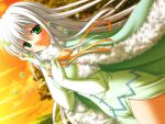  1girl buttons cape closed_mouth clover clover_point dutch_angle elbow_gloves evening floating_cape floating_hair fur-trimmed_cape fur-trimmed_gloves fur_trim game_asset gloves green_cape green_eyes green_gloves green_shirt green_skirt hand_on_own_chest light_smile long_hair looking_at_viewer neck_ribbon non-web_source official_art ribbon self-datamine shirotsume_(clover_point) shirt side_slit skirt sky sleeveless sleeveless_shirt solo standing tree tucking_hair white_hair yellow_ribbon yuyi 
