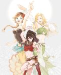  3girls agnea_bristarni arm_up black_hairband blue_eyes bracelet braid braided_ponytail breasts brown_hair commentary_request dancer floating_hair gladiator_sandals hairband highres jewelry long_skirt looking_at_viewer medium_breasts multiple_bracelets multiple_girls navel octopath_traveler octopath_traveler:_champions_of_the_continent octopath_traveler_0 octopath_traveler_i octopath_traveler_ii open_mouth primrose_azelhart red_shirt sandals saoirse_(octopath_traveler) shirt skirt smile ususususu wavy_hair white_background 