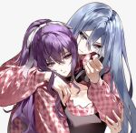  2girls asahina_mafuyu black_choker black_dress blue_eyes blue_hair breasts choker clenched_hand closed_mouth collarbone commission cutlery_(vocaloid) double-parted_bangs dress empty_eyes expressionless food fork frown fruit hair_between_eyes hair_over_shoulder hair_ribbon hakogiiii half-closed_eyes hand_on_another's_arm hand_on_another's_shoulder hand_up head_tilt high_ponytail holding holding_fork leaning long_hair long_sleeves looking_ahead looking_at_viewer matching_outfits mihuashi_commission multiple_girls official_alternate_costume pendant_choker pinafore_dress plaid_clothes plaid_dress ponytail project_sekai puffy_long_sleeves puffy_sleeves purple_eyes purple_hair ribbon second-party_source sidelocks simple_background sleeveless sleeveless_dress small_breasts straight_hair strawberry upper_body wavy_hair white_background white_ribbon yoisaki_kanade yuri 