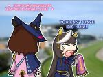  2girls agemasen!_(meme) black_hair brown_hair calstone_light_o_(one_true_path)_(umamusume) calstone_light_o_(umamusume) coat commentary crying crying_with_eyes_open english_commentary english_text epaulettes gloves hat ibis_summer_dash long_hair medium_hair meme multicolored_hair multiple_girls original pink_coat puro_magic_(racehorse) shouting streaked_hair tears terkmc umamusume white_gloves white_hair witch_hat yellow_eyes 